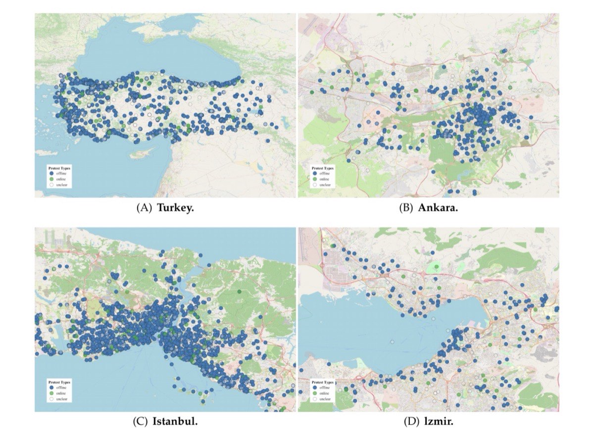 Maps of classified protest postings across Turkey, Ankara, Istanbul, and Izmir